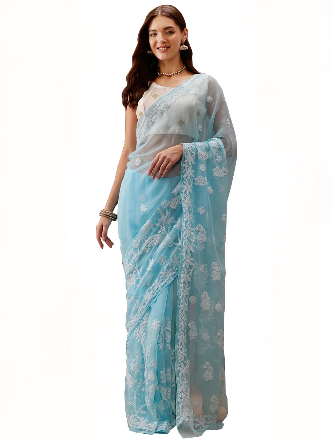 Ada Women's Hand Embroidered Faux Georgette Saree with Blouse Piece A130075 Blue