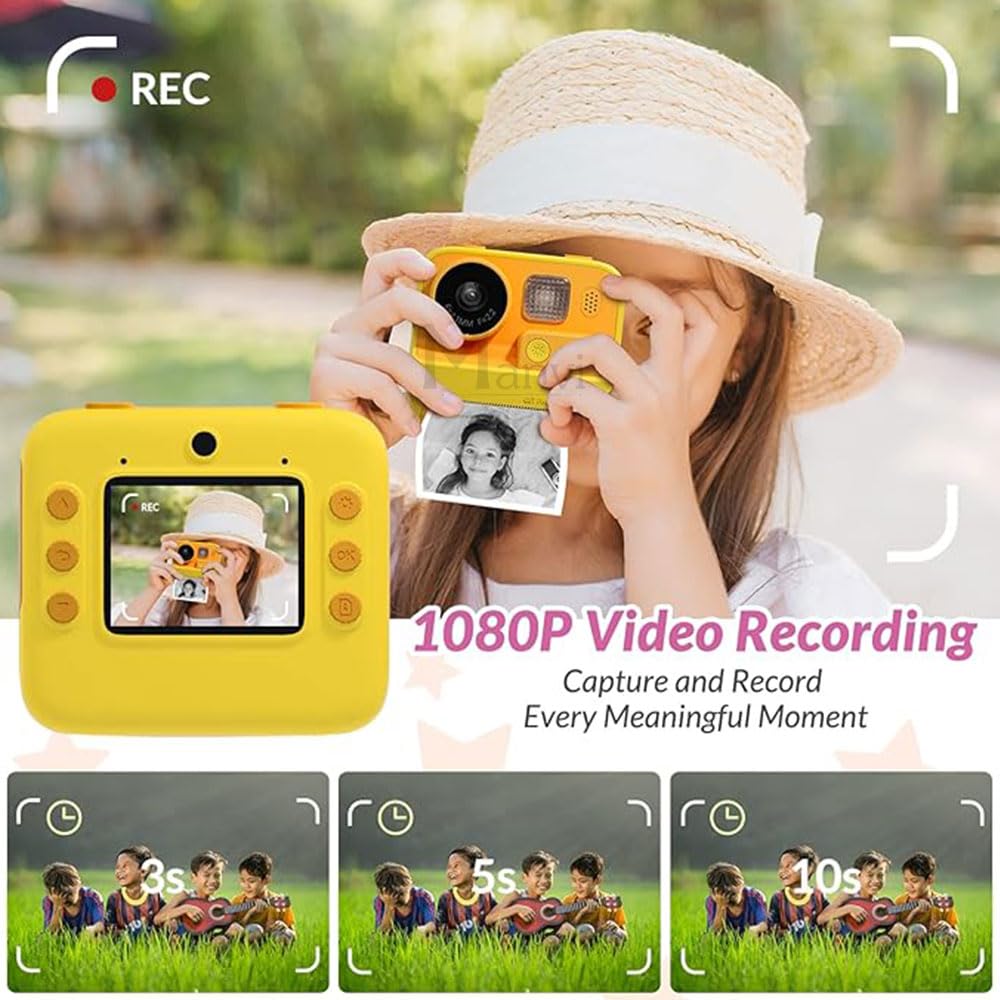 MANVI Instant Print Camera for Kids, 48 MP Print Camera for Boys & Girls, 1080P Video Recoding Camera with 3 Printing Rolls (Yellow)