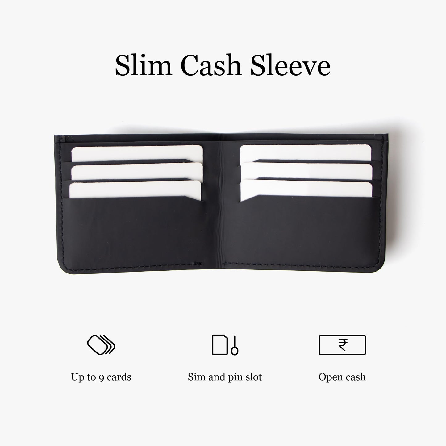 Bellblock Slim Sleeve Bifold Minimal Wallet for Men/Women | Slim Handcrafted Wallet | with Sim, Mobile Pin & Hidden Extra Card Slots | Vegan Leather | Black