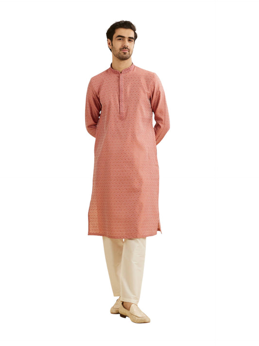 Manyavar Men's Viscose Blend Self-Design Kurta Pyjama Set (Coral,XXL)