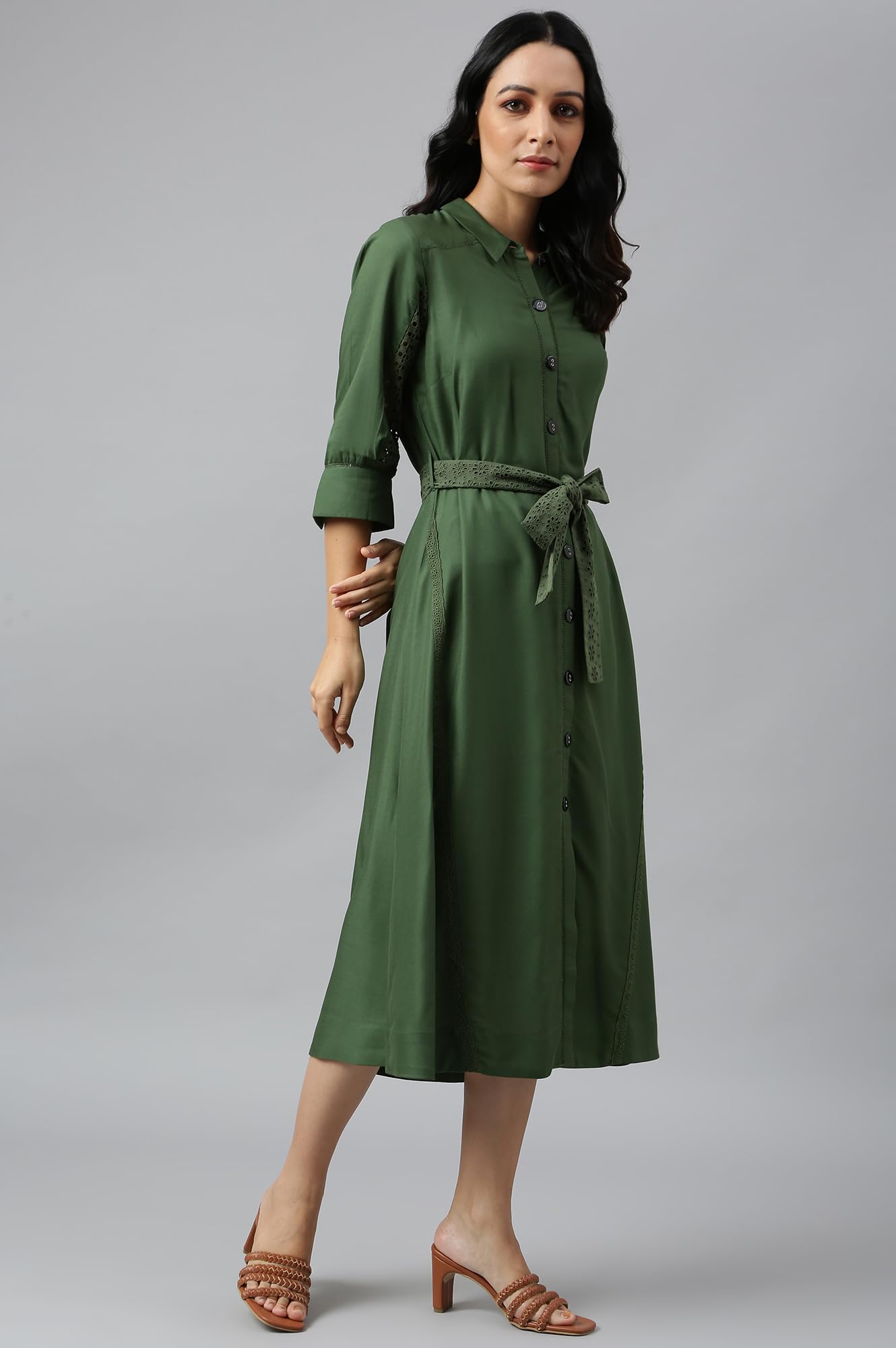 W for Woman Women's Viscose Green A-line Embroidered Shirt Dress with Schiffli Belt Calf Length 22AUW17842-217272_Dark