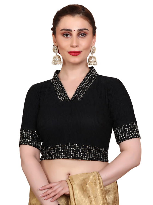 S SALWAR STUDIO Black Lycra Stretchable V Neck Non Padded Readymade Saree Blouse