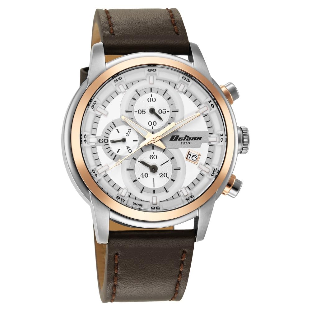 Titan Octane Quartz Chronograph with Date Silver Dial Brown Leather Strap Watch for Men - NT90086KL02