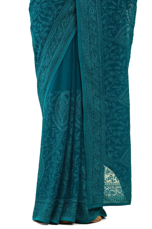 Soch Womens Teal Georgette Saree With Paisley Embroidery And Stone