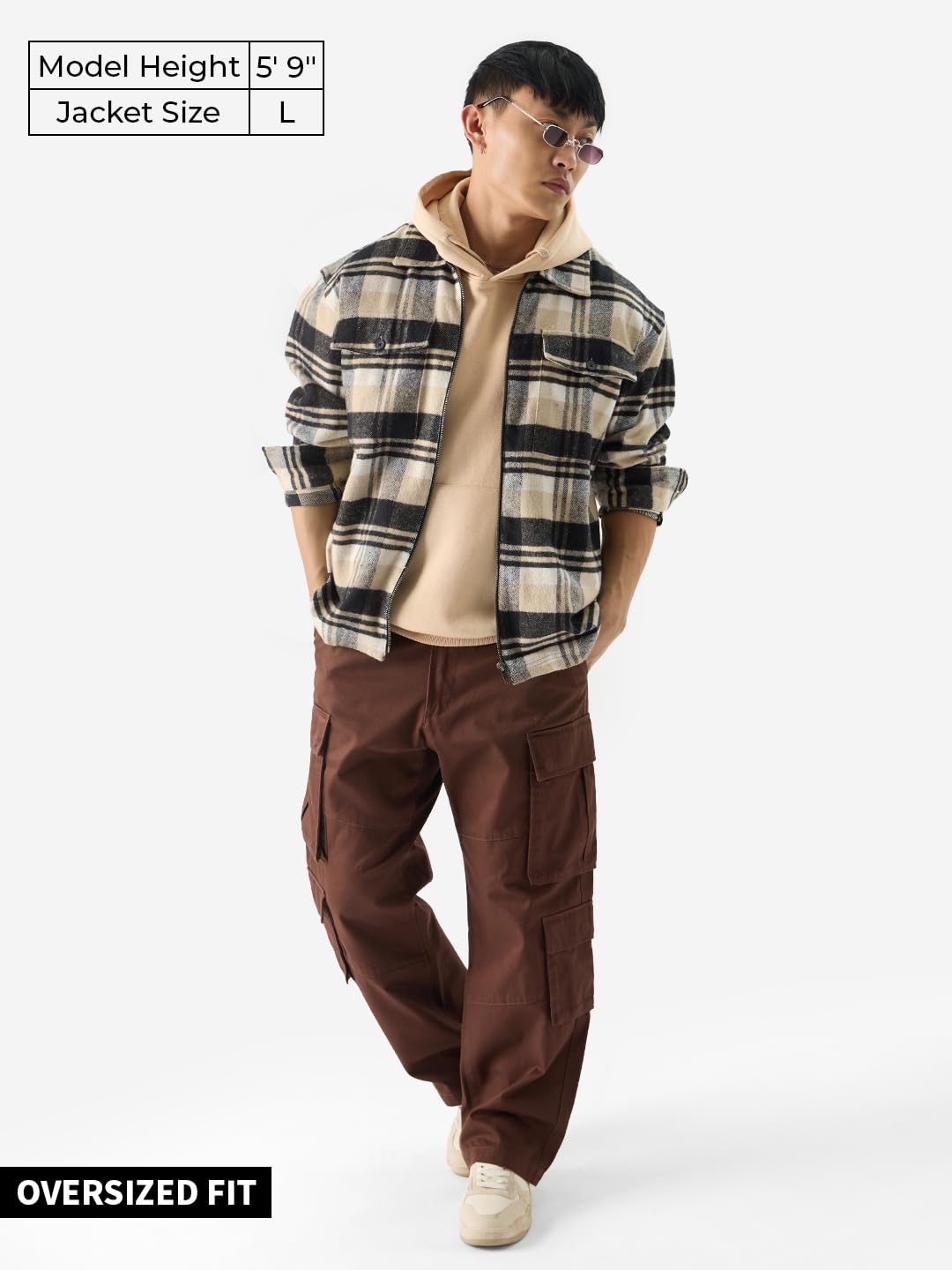 The Souled Store Plaid: Brown and Black Men and Boys Long Sleeve Zipper Front Oversized Fit Cotton Flannel Shackets Men's Shackets Shirt Winter Plaid Thick Jackets Shackets for Men Outerwear