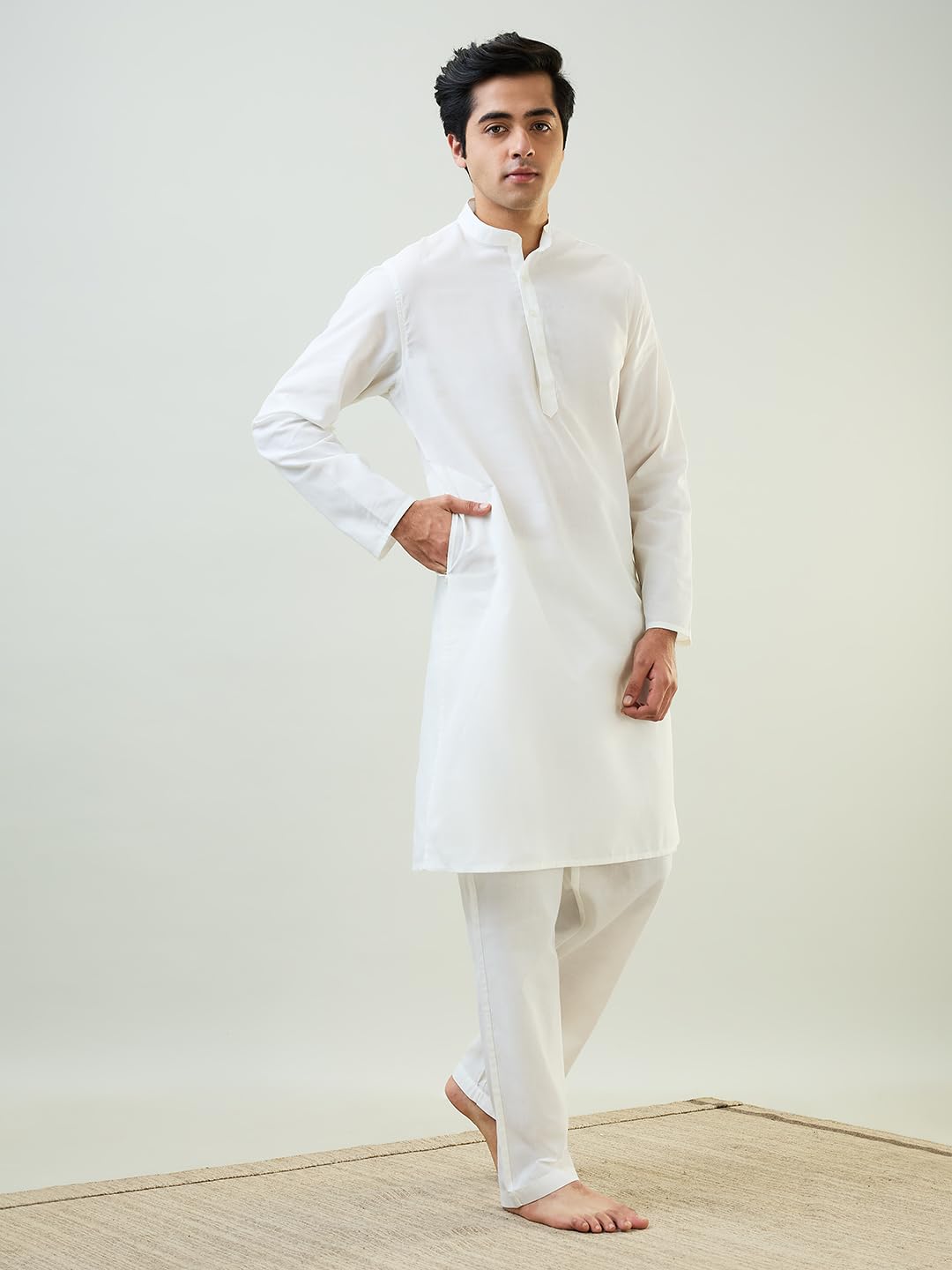 Raymond Sleepz Men Comfort Fit Solid Pattern Cotton Polyester Blend Mandrin Collar Sleepz Kurta Set (Size: M)-AEUC00017-F1