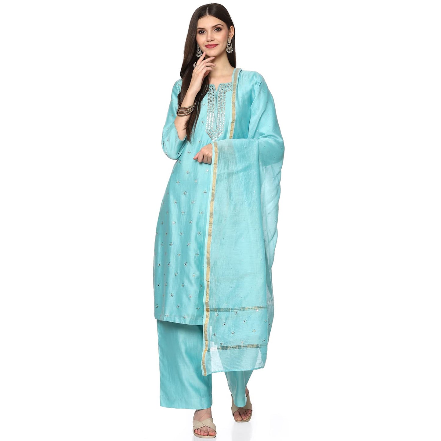 BIBA WOMEN SOLID STRAIGHT SALWAR KURTA DUPATTA(SKDCHIKANKA7800_TURQUOISE_36)