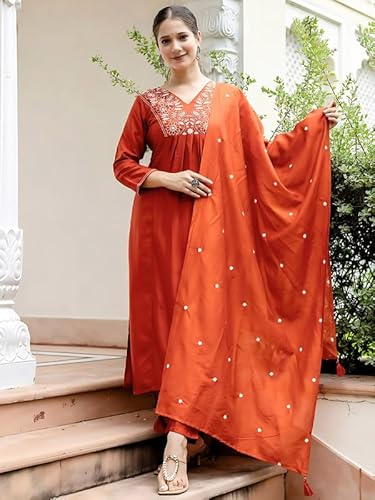 AVYUKTHA | Women Ethnic Motifs Embroidered Kurta with Trors & Dupatta | Traditional Thread Work Kurta Set for Festive & Daily | Orange | Size- S