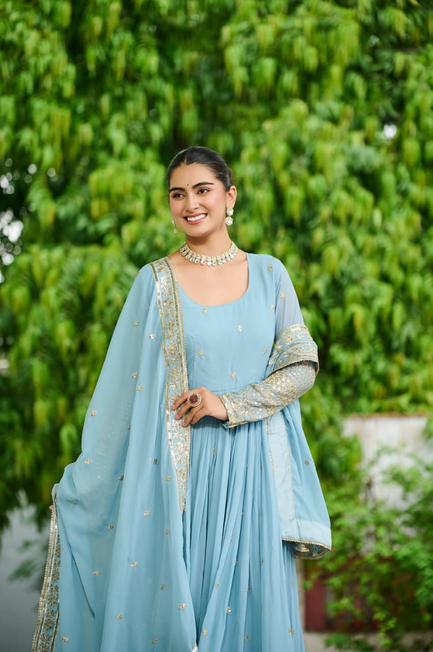 Mehervaa by vinni Women's Anarkali Gown with Dupatta, Sky Blue, Embroidered Golden Border, Long Sleeve, Ethnic (in, Alpha, L, Regular)
