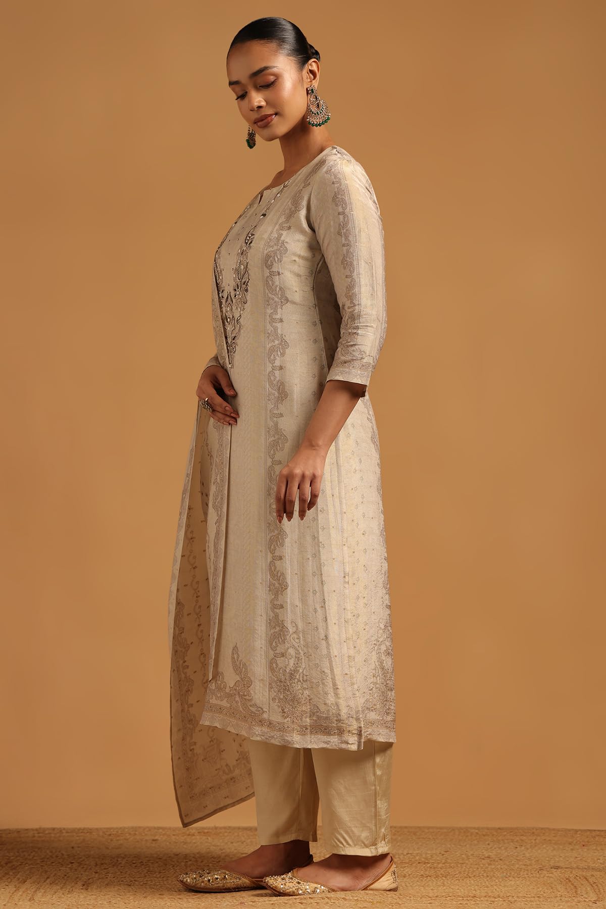 Soch Womens Beige Russian Silk Botanical Salwar Suit With Beads
