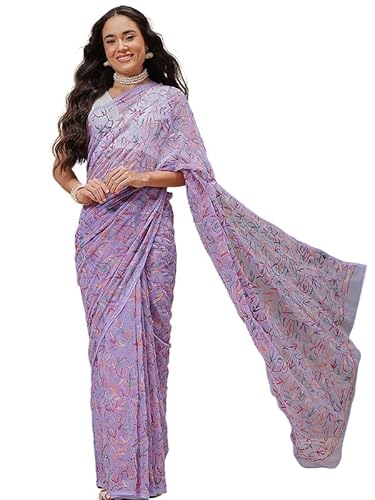 Ada Hand Embroidered Lucknowi Chikankari Georgette Saree for Women with Unstitched Blouse Piece A311384 Lavender