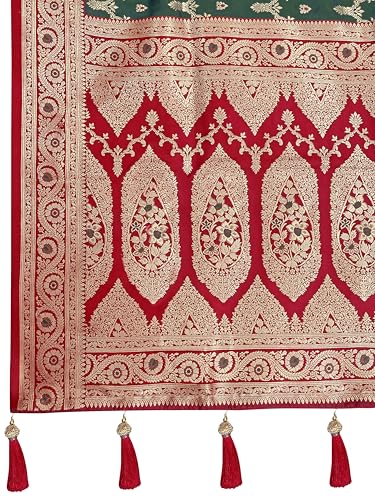 MANOHARI Women's Most Trendy Banarasi Satin Silk Woven Green & Red Saree With Heavy Jacquard Work Saree With Blouse Piece_MN2065