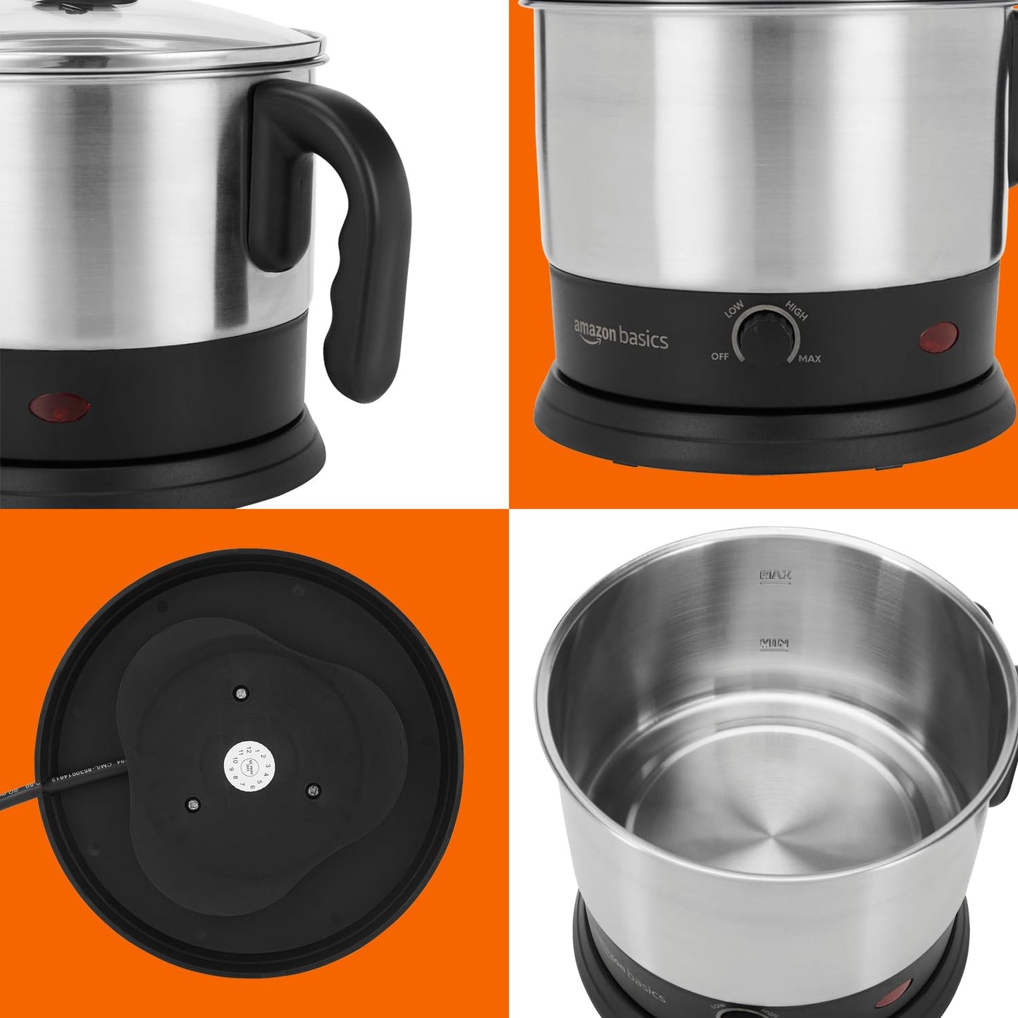 amazon basics Electric Multipurpose Kettle | for boiling Water, Eggs | Making Tea, Coffee| Stainless Steel Body with Automatic Shut-off | 18.3L x 15.7W x 19.1H cm | 1.2 L | 220 Volts | Silver, Black