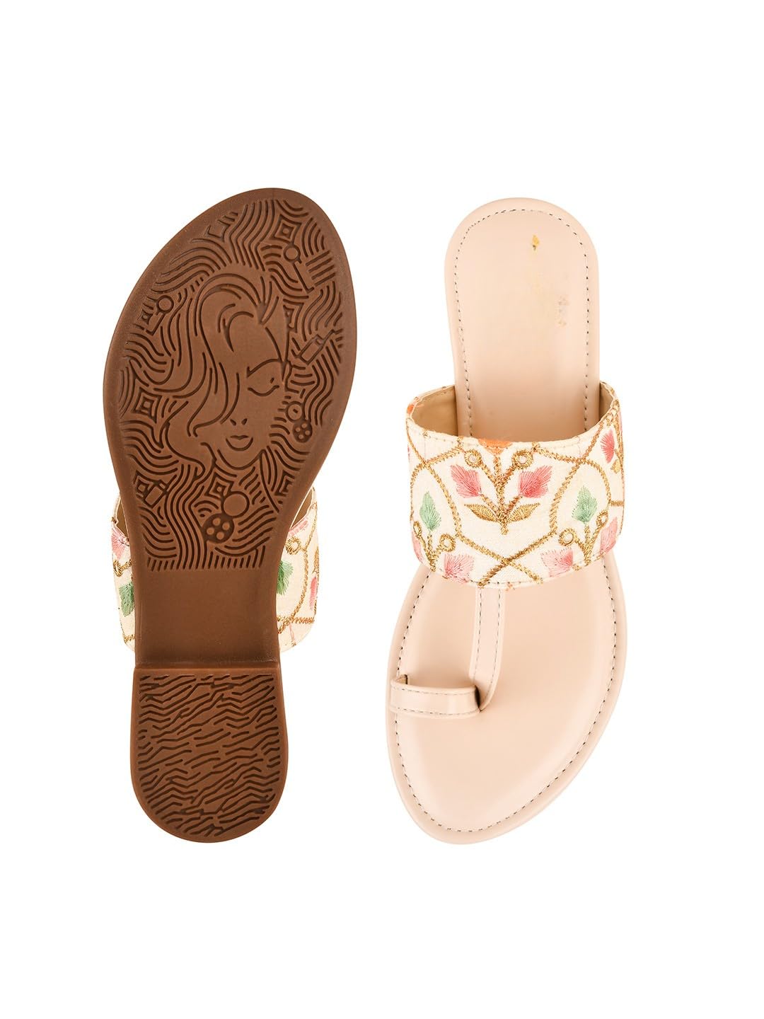 GLEMATOZ Women's Cream Ethnic Flats ?Traditional Slip-On Kolhapuri Style Sandals ||with Detailing for Festive & Wedding Footwear Toe Ring Sandals EU36