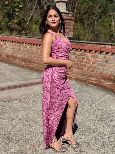 Tandul Women's Velvet Shoulder Straps Purple Dress - Maxi/Full Length Solid Fashion X-Large Size for Office, Casual, Festive & Party (12276)