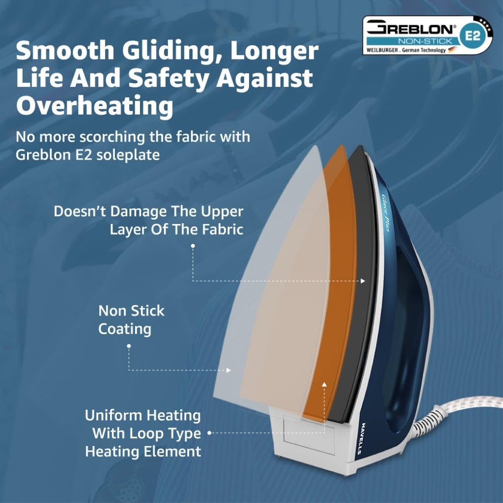 Havells Glace Plus 1000 Watts Dry Iron Press| Greblon Non Stick Sole Plate with German Technology | ISI Certified |Cord Winder | Aerodynamic Design |2 Year Manufacturer Warranty|Stainless Steel(Blue)