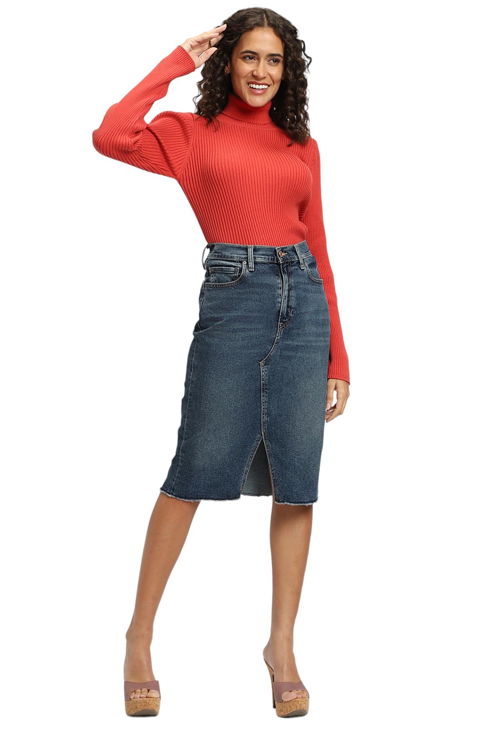 FOREVER 21 Women's Cotton High Neck Sweater (598055_Red