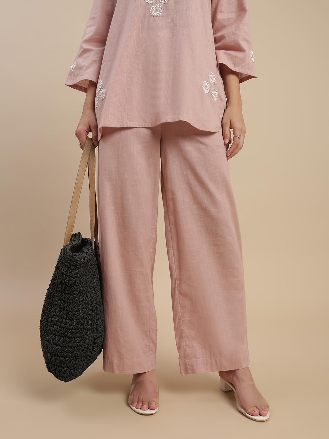 De Moza Women Regular Fit Straight Pant - Light Peach | 100% Cotton Slub | Mid Rise | 2 Pockets | Casual & Office Wear