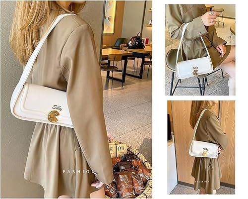 SIBY Women's Brown Underarm Bag |PU Leather Shoulder Tote Handbag with Wide Straps and Metal Lock |Mini Design Handbag- White