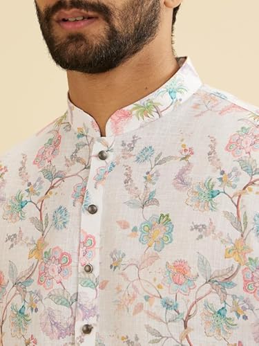 Manyavar Blended Cotton Men's Floral Print Kurta (Cream,XL)