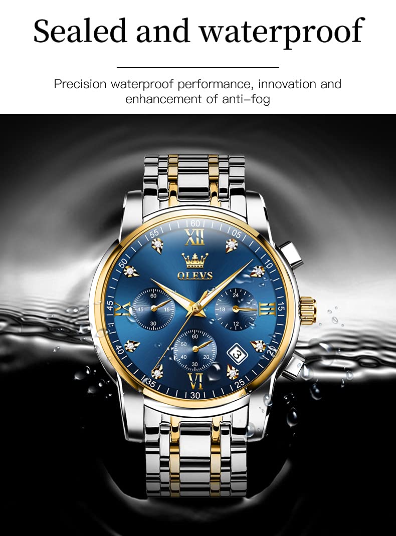 OLEVS Men's Business Watch With Date, Luminous Quartz Movement, Waterproof Stainless Steel Strap, Stopwatch Timing Function - Silver Band, Gold Case, Blue Dial, Classic