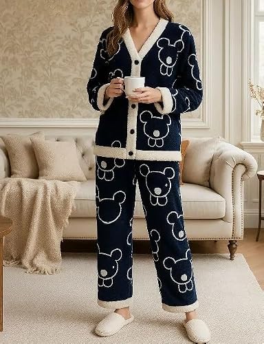 Cigain Women's Winter Fashion Full Length Printed Nightwear Pyjama and top Set Women Elastic Waist Warm Night Suit Set (Plus Size, Blue, M)