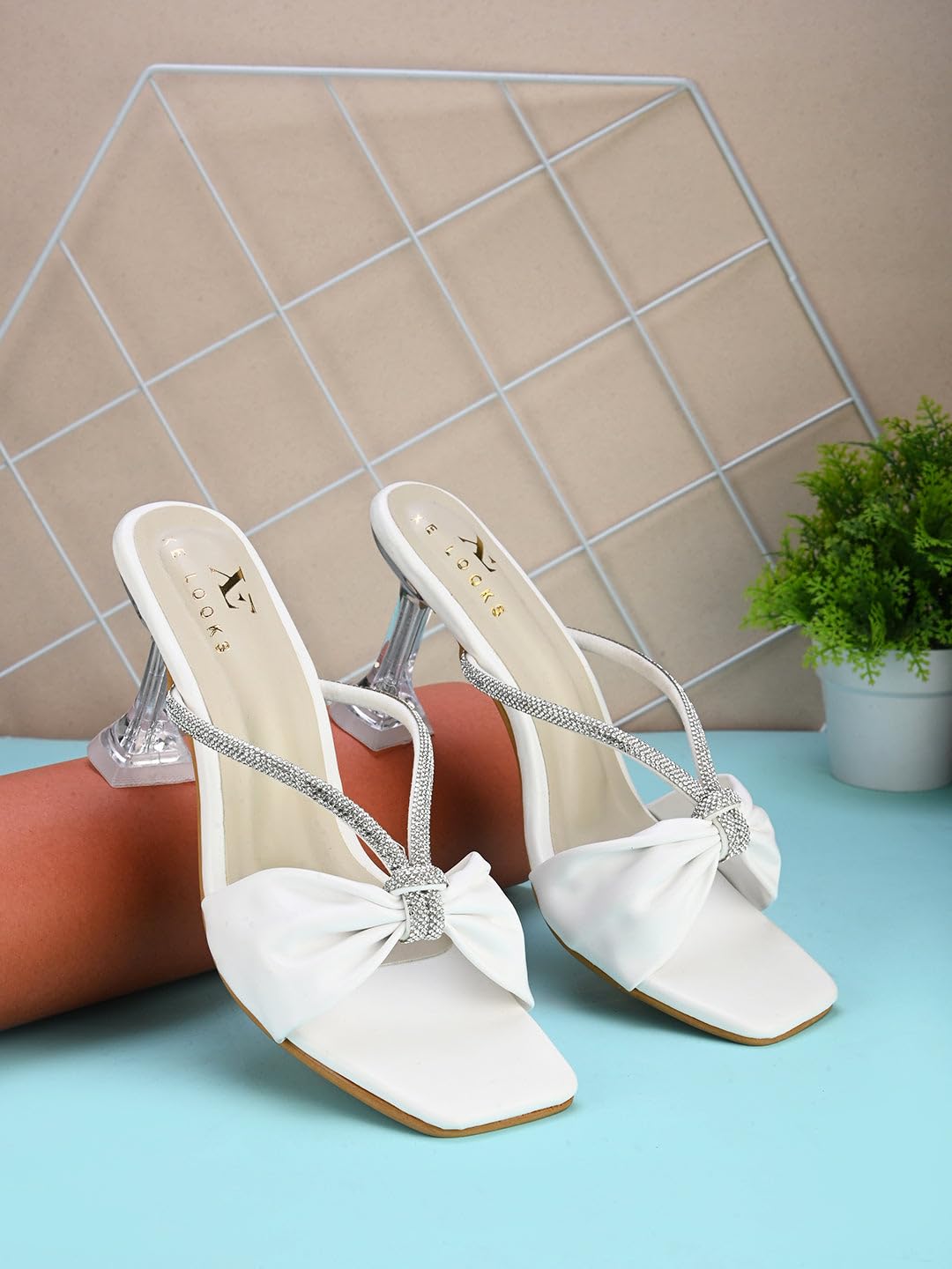 XE Looks Women's White Stylish Knot Bow Slip-On Sandals | Crystal Embellished Straps with Clear Heels | Rhinestone Strap With Transparent Block Heels For Girls & Women