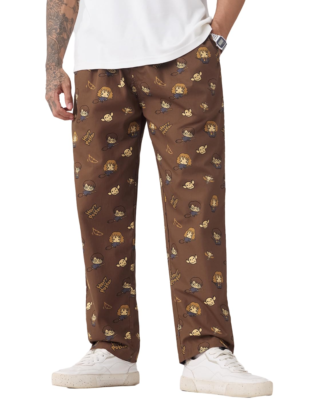 The Souled Store Harry Potter: Chibi Men and Boys Elastic Waistband Brown All-Over Print Cotton Regular Fit Lightweight Breathable Sleepwear Pyjamas |Brown