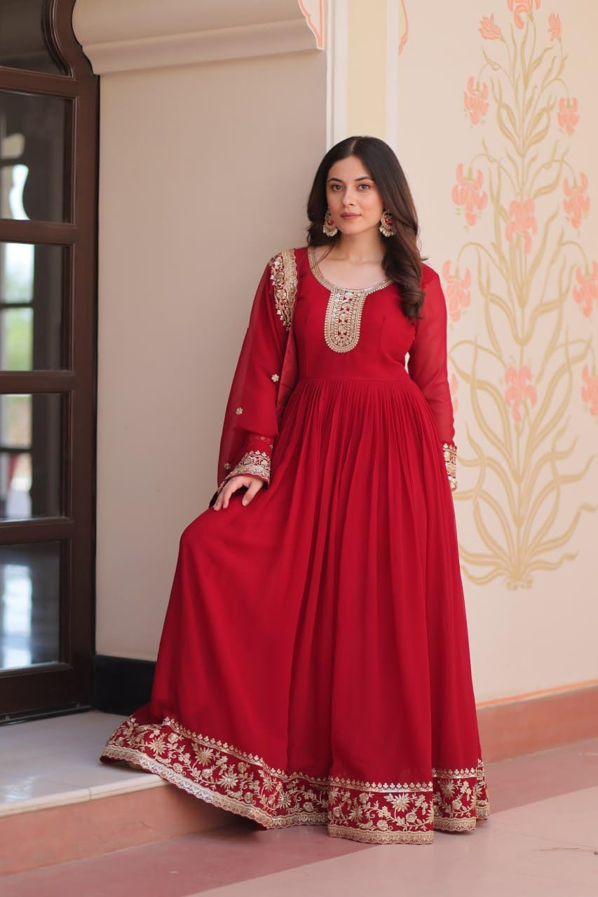 Mehervaa by vinni Red Anarkali Suit Set with Embroidered Dupatta, Long Sleeve Gown Style, Golden Zari Work, Traditional Indian Ethnic Wear (IN, Alpha, 2XL, Regular)