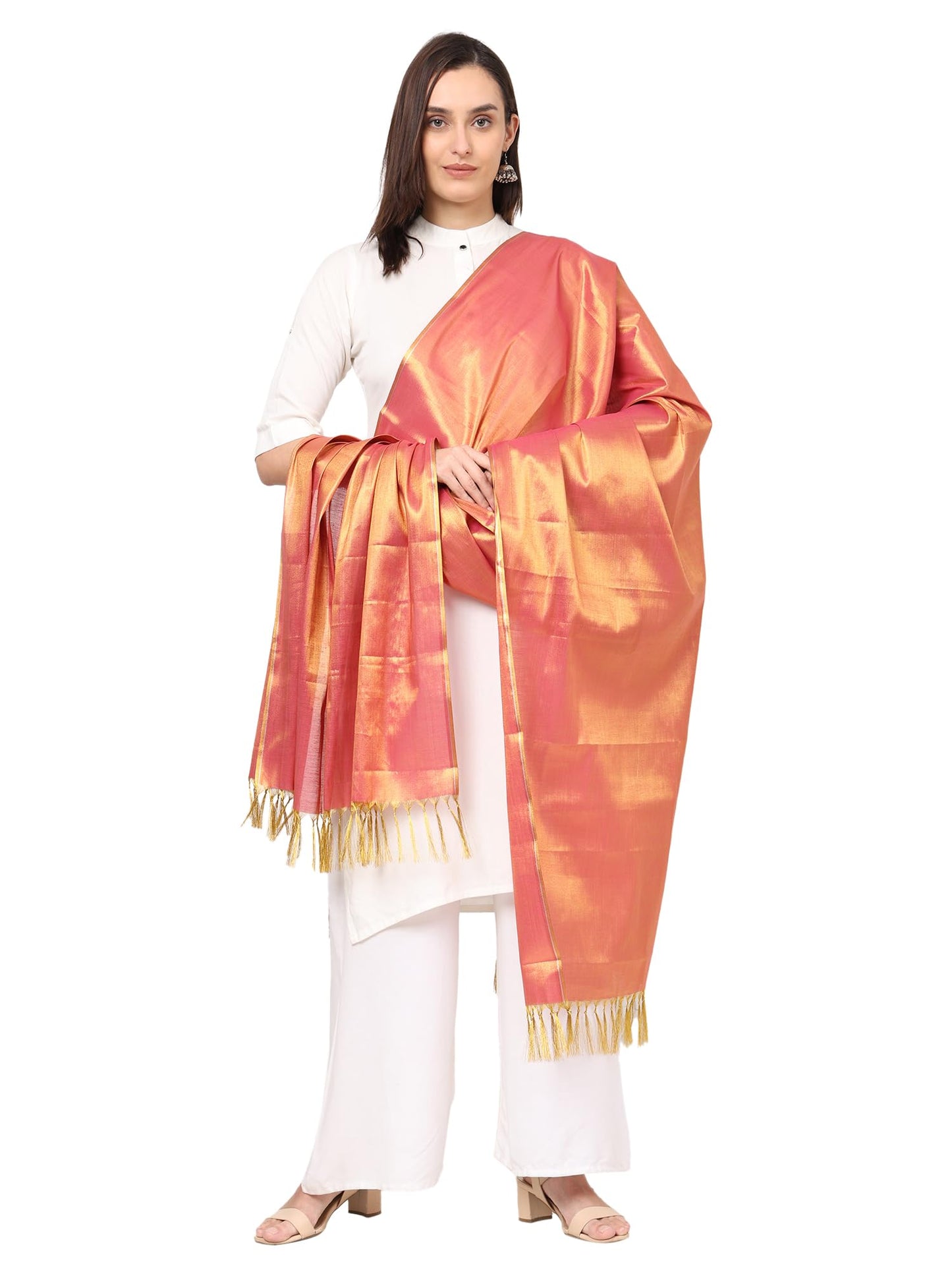 Fashily Womens Soild Silk Plain Dupatta|Shiny Jari Dupatta|Length 2.25M (Golden Rani)