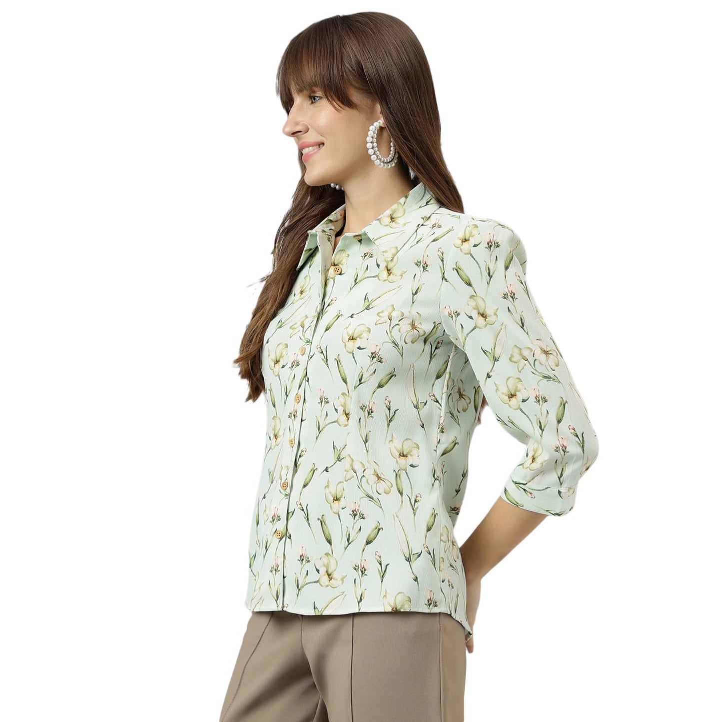 Latin Quarters Women Green Spread Collar Three-Quarter Sleeves Printed Shirt for Casual Wear_XL