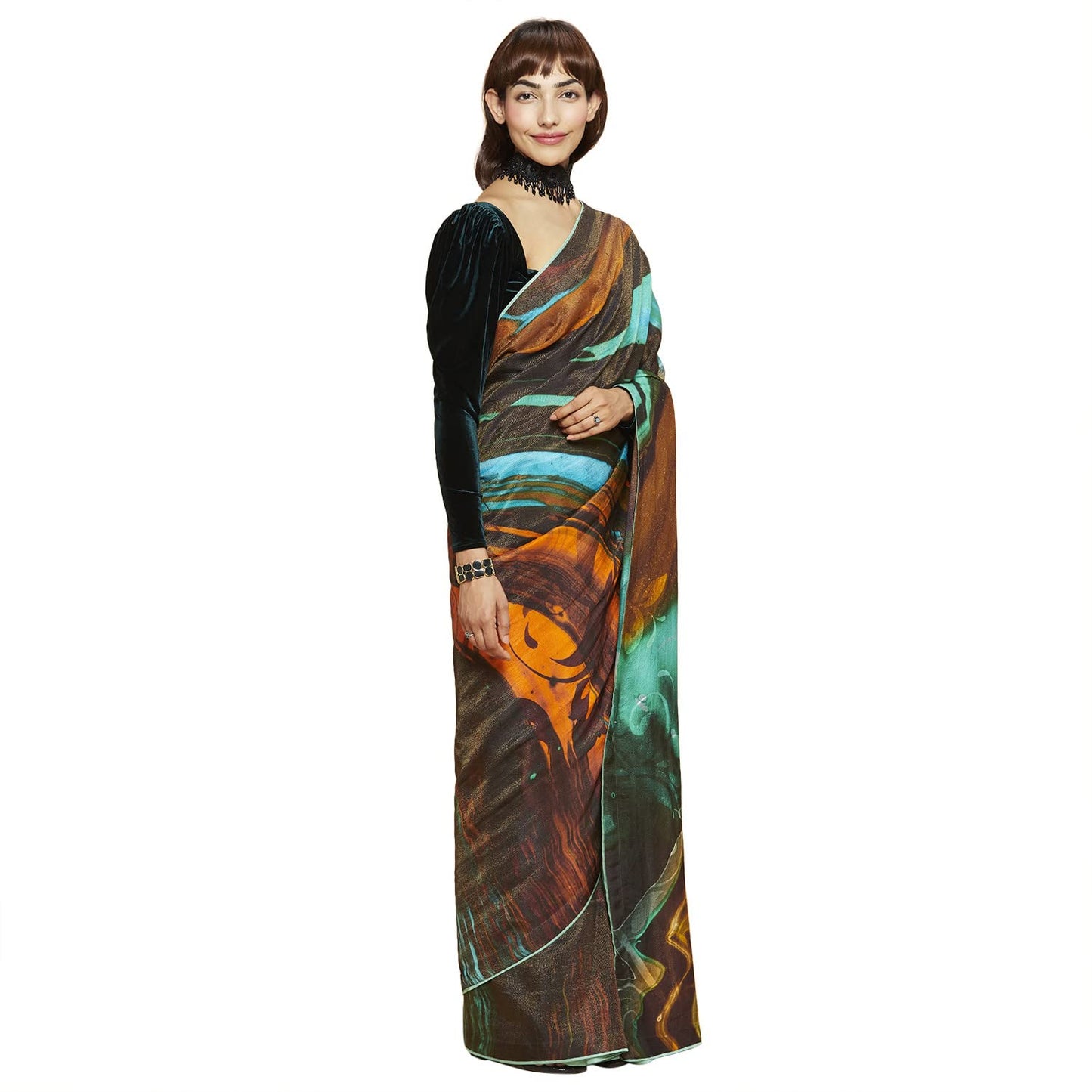 Navyasa Womens Teal Liva Shimmer Printed Woven Saree with Unstitched Blouse Piece