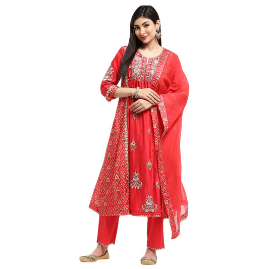 Biba Women's Silk Chanderi Kurta Set (SKDKALKR9823AW24CRLRED_Coral-Red