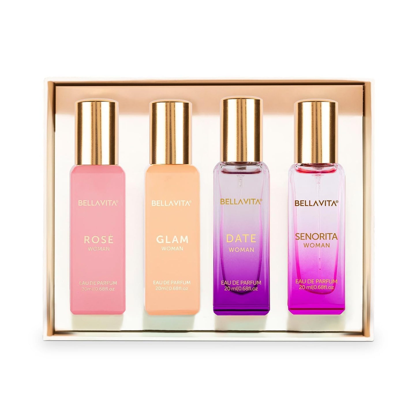 Bella Vita Luxury Long Lasting Women Gift Set | 4x20ml (Pack of 2) | Gifts for Women | Floral, Fruity, Premium Fragrance Scent | Date, Senorita, Glam, Rose