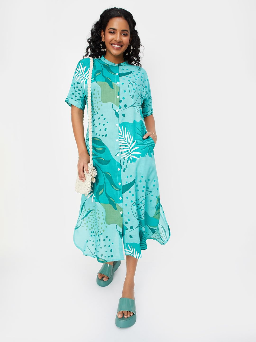 max Women's Rayon A-Line Midi Dress (Blue Teal)