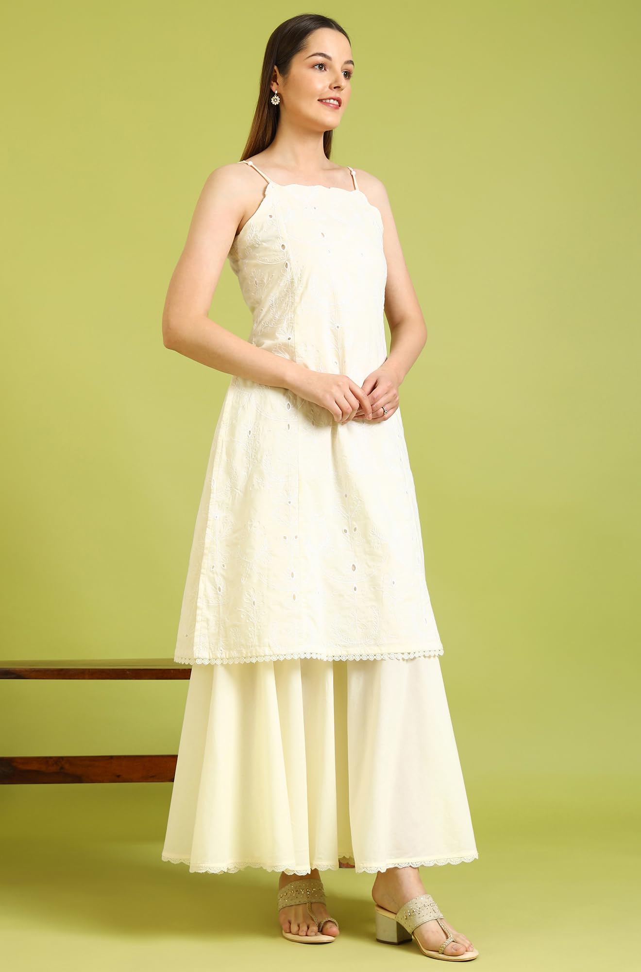 W for Woman White Embroidered Pure Cotton Straight Spaghetti Kurta and Sharara Set with Dupatta (Size: 3XL)-WS12331-400798