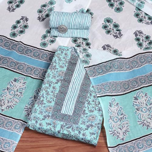 BIBA Women's Turquoise Cotton Hand Block Print Unstitched Suit Set