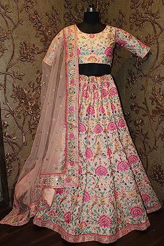 Zeel Clothing Womens Faux Silk Lehenga Choli Semi-Stitched Peach Free Size