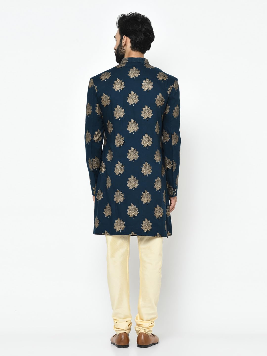 KISAH Men's Indo-Western Sherwani Churidar Set, Blue Cotton Blend, Foil Print Regular Fit Mandarin Collar Long Sleeves (42)