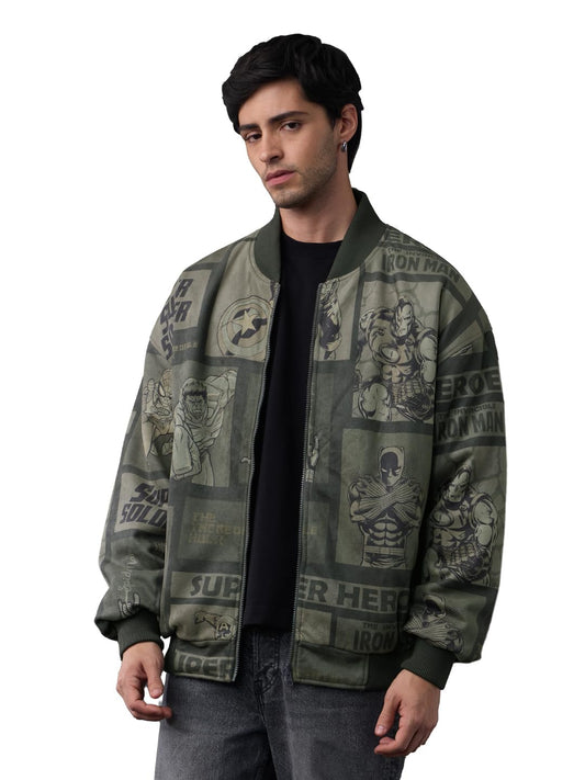 The Souled Store Marvel: Heroes Assemble Men and Boys Full Sleeves Round Neck Dark Green Graphic Printed Polyester Regular Fit Lightweight Reversible Bomber Jacket