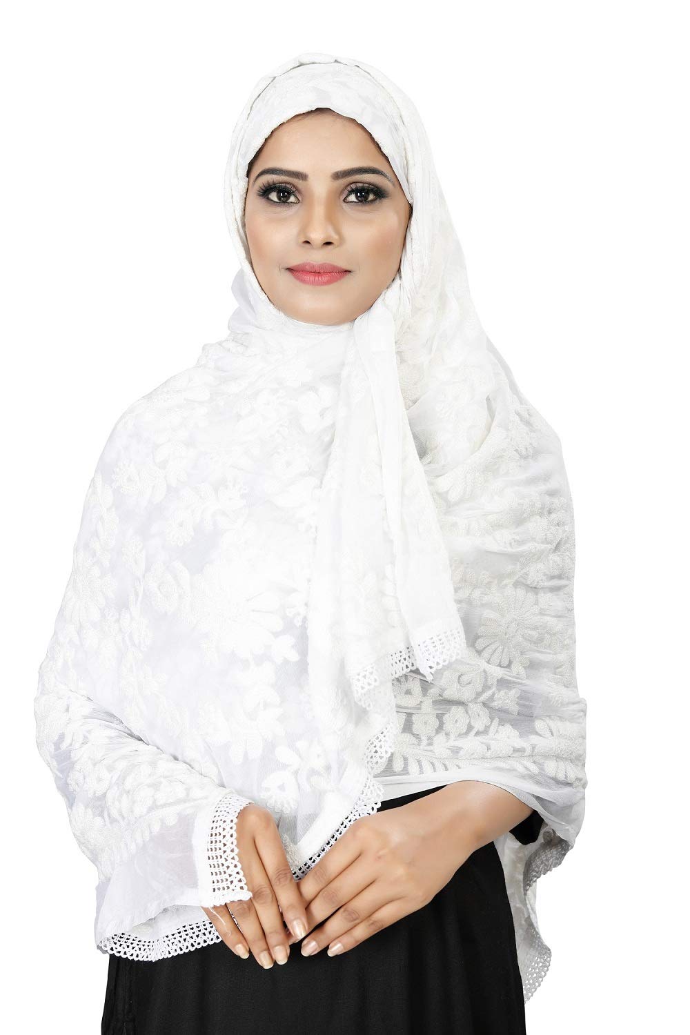 Avni N Anvi Women's White Floral Embroidered Chiffon Dupatta – Lightweight Ethnic Wear Stole/Scarf