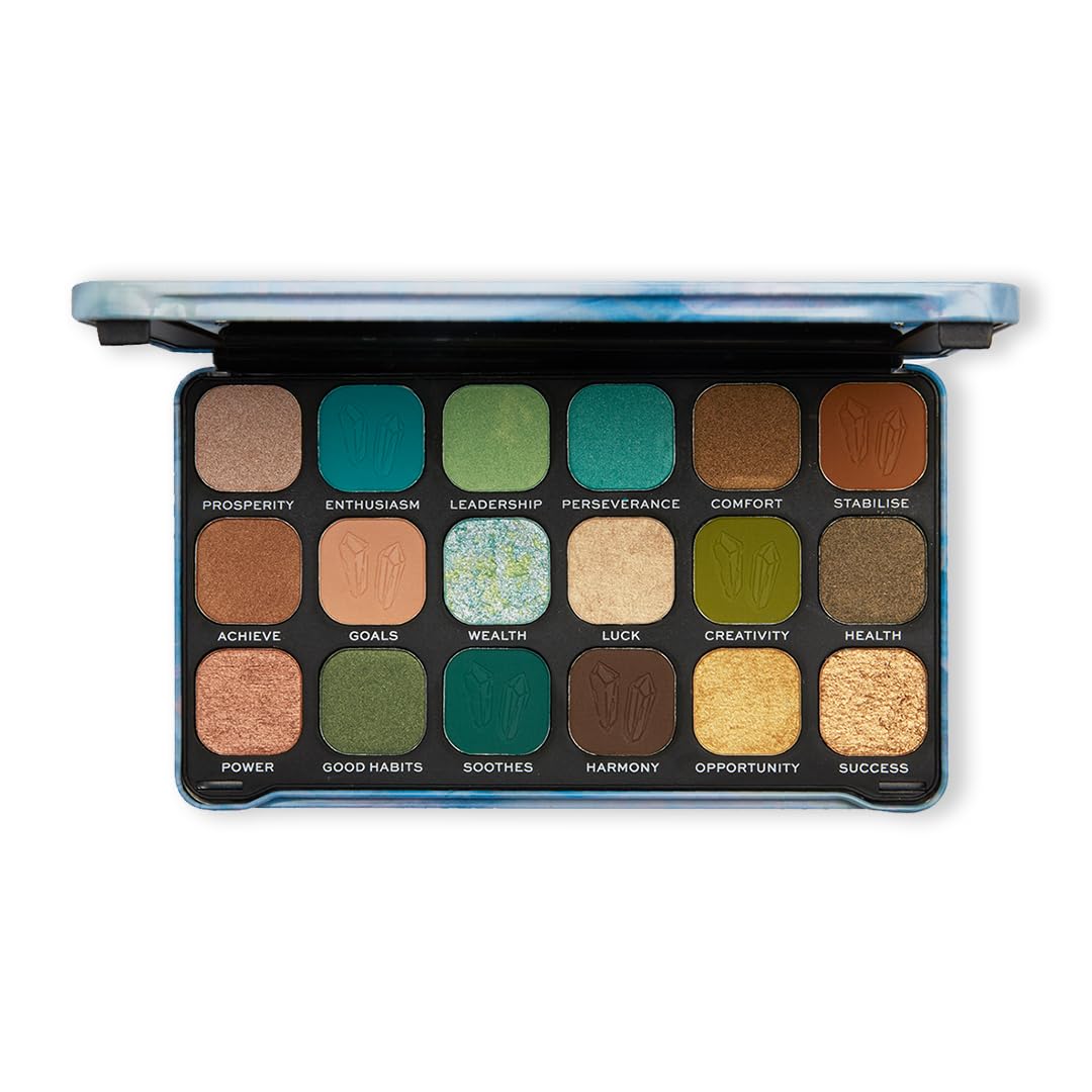 Makeup Revolution- Crystal Aura Forever Flawless Shadow Palette- Aventurine|Unique marbled shade with intense colour pay off|Mix of must-have nudes, shimmery jewelled bronzes & pops of emerald|19.8gm