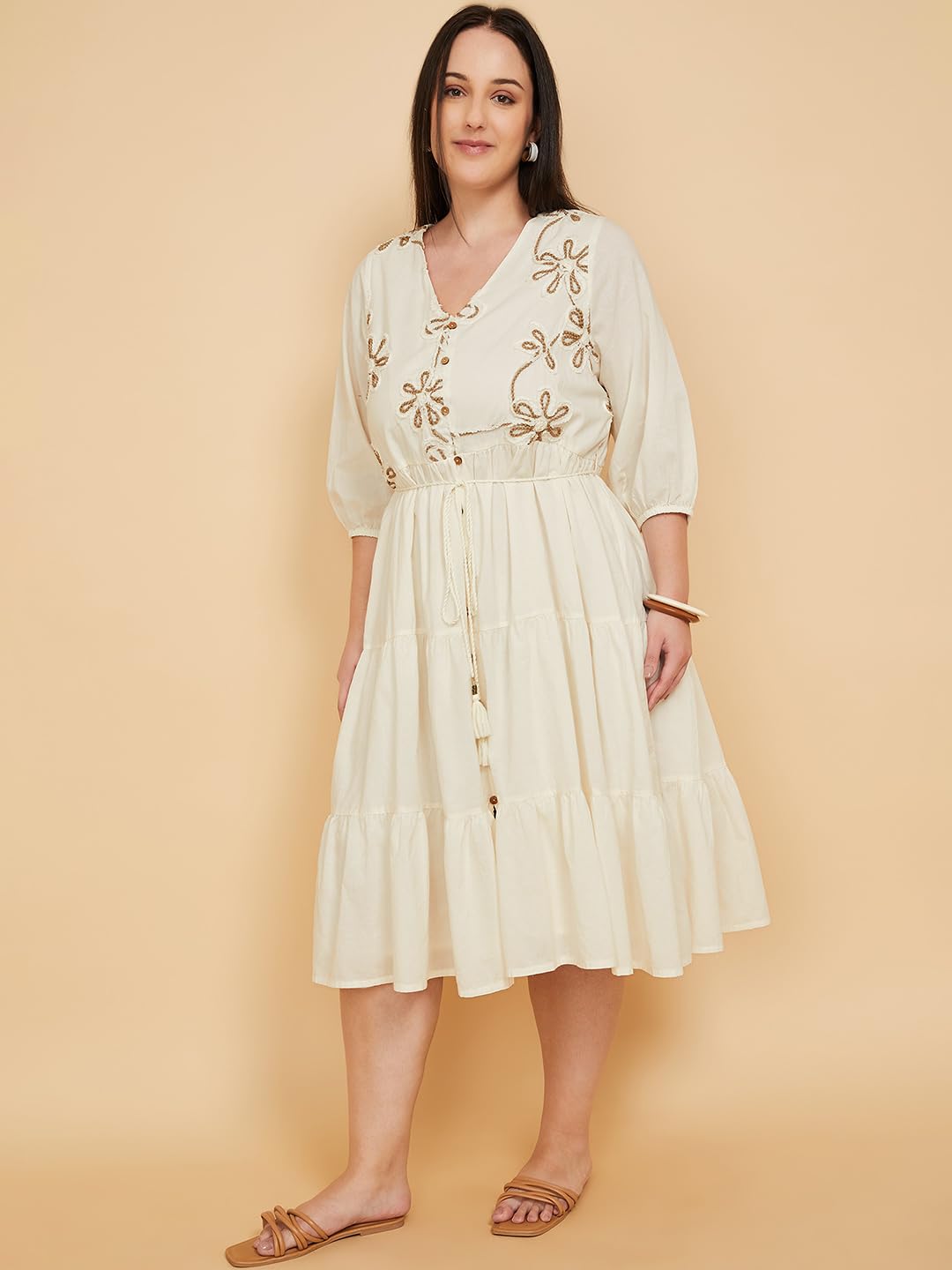 Max Women Embroidered Tiered Dress (Off White_6XL)