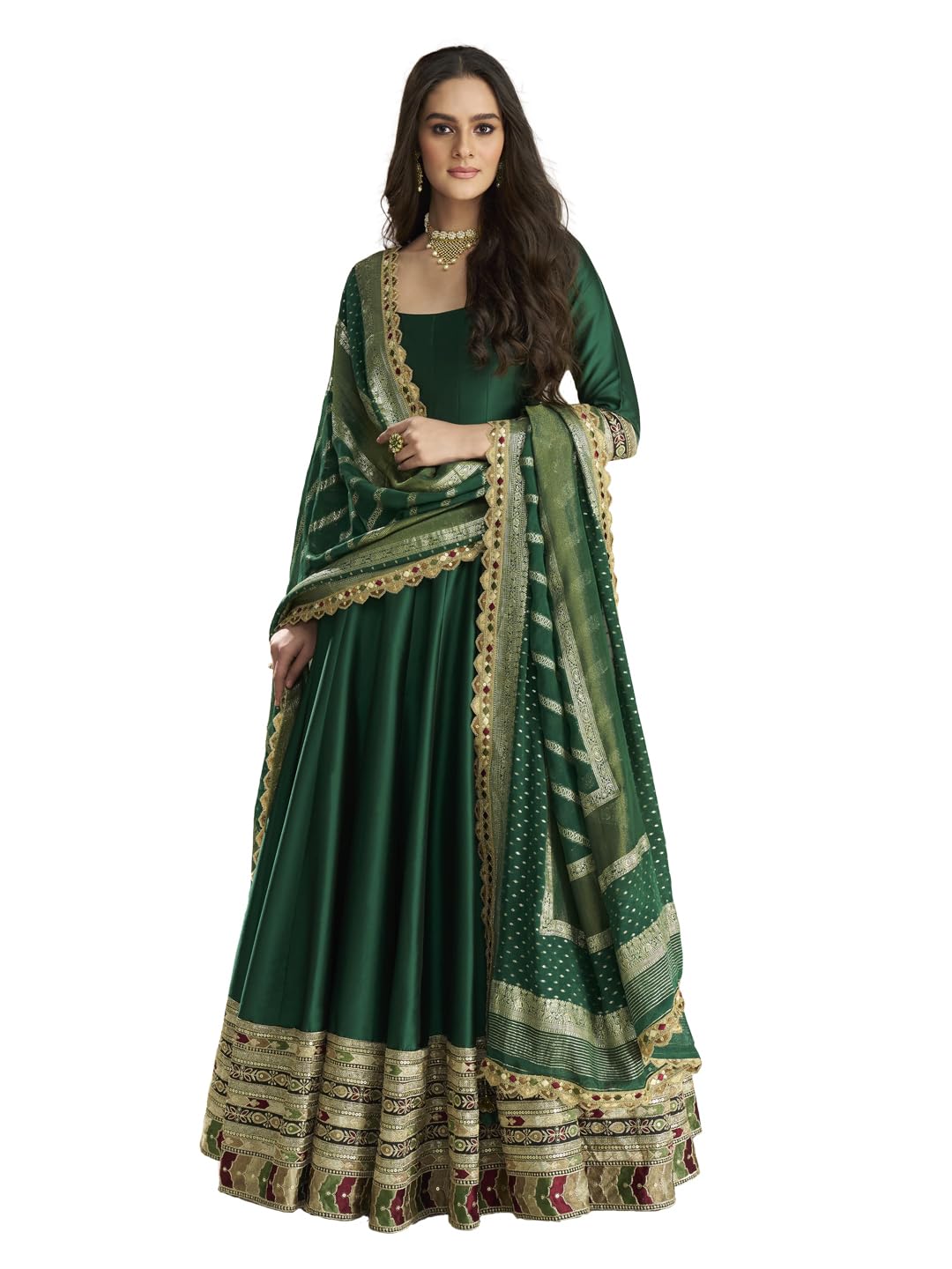 Green Vichitra Silk Sequins and Thread Zari Embroidery Work Gown with Banarasi Jacquard Dupatta (in, Alpha, L, Regular)
