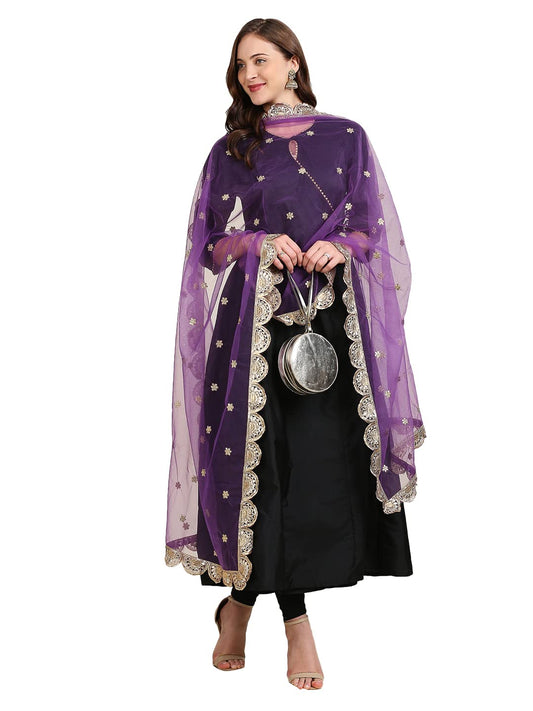 DUPATTA BAZAAR Women's Purple Embroidered Net Dupatta With Scallops, free size
