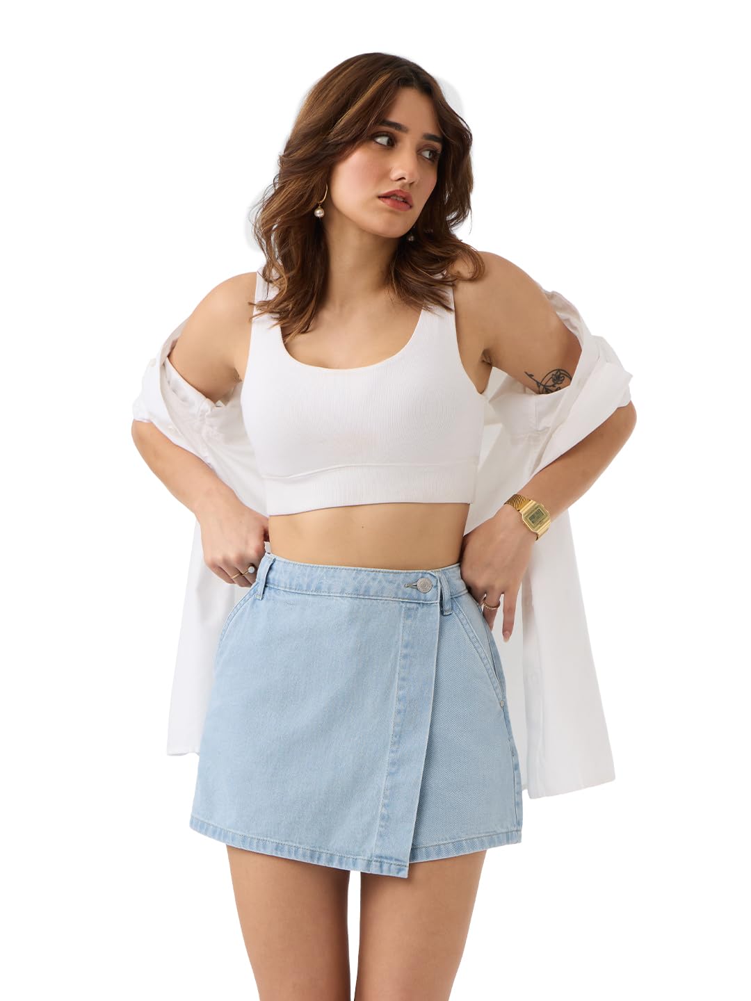 The Souled Store Denim Skorts: Blue Haze Women and Girls Button Closure Solid Cotton Mini Denim Skorts