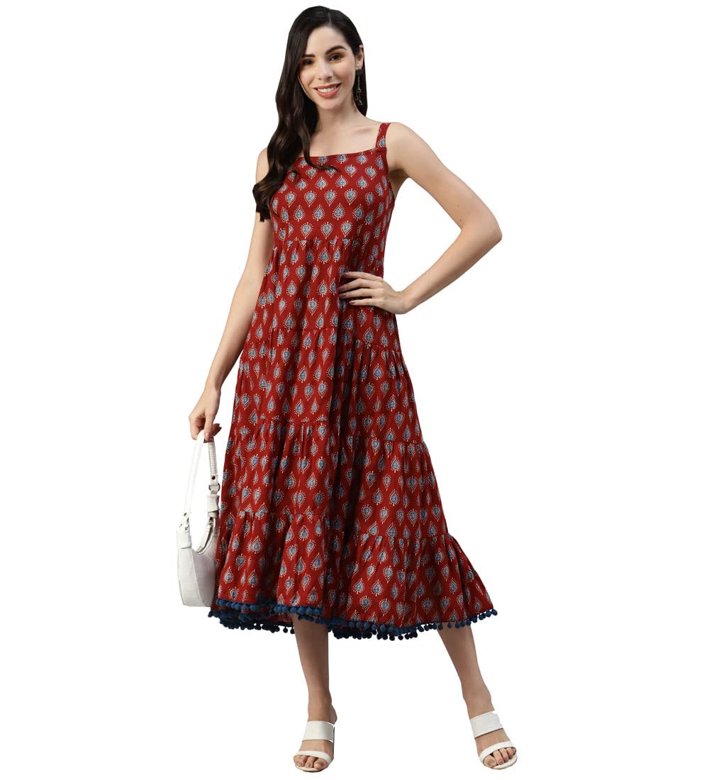 Divena Women's Cotton Fit and Flare Midi Dress (Model_Number#1.Value_Maroon