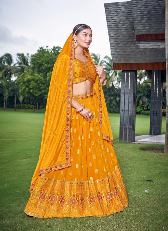 Samprag Silk Lehenga Choli Set for Womens | Sleevless | Sweetheart Neck |Ideal for Wedding & Party Occassions | Yellow | M