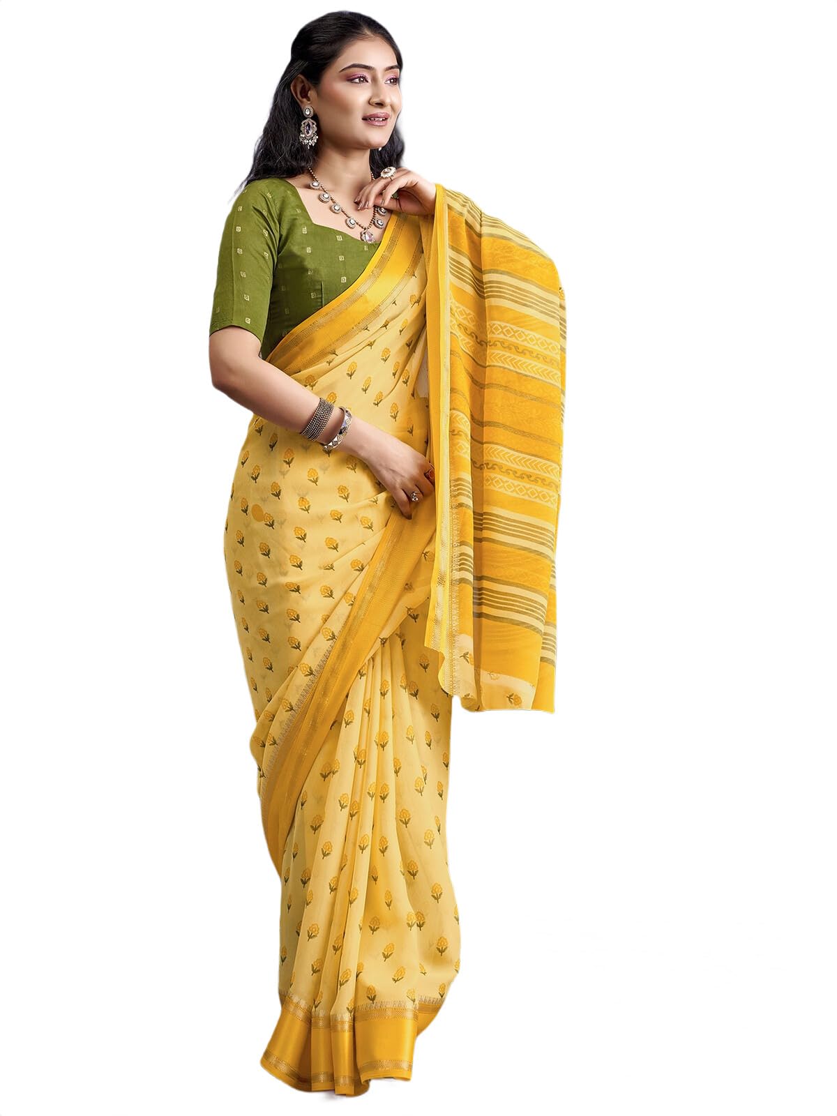 SIRIL Women's Georgette Jacquard Floral Printed Saree with Unstitched Blouse Piece (5334S1331_Light Yellow)