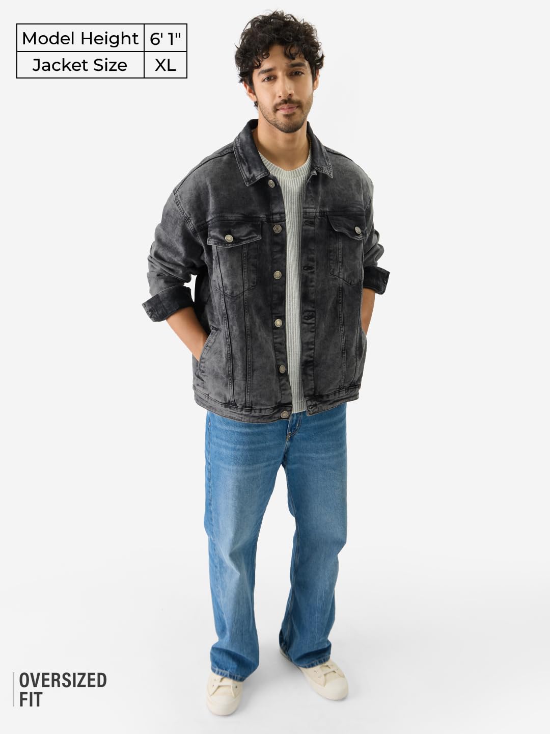 The Souled Store Solids: Ebony Oversized Fit Long Sleeve Collared Neck Button Front Denim Jackets for Men and Boys - Classic and Versatile Outerwear Essentials